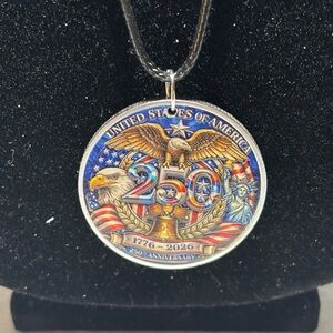 Patriotic 250th Anniversary Medallion Necklace Braided Black Cord 1776-2026